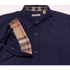BURBERRY BRIT Long Sleeve Button Shirt Flip Cuff Navy Blue Nova Check Men's XL